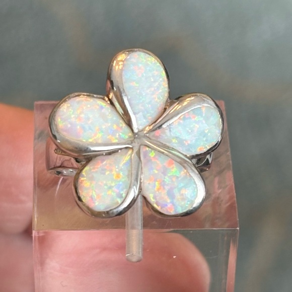 Stunning Opal Inlay Flower Ring solid Sterling Silver 925 Artisan Made sz 6 7/8 - Picture 7 of 12